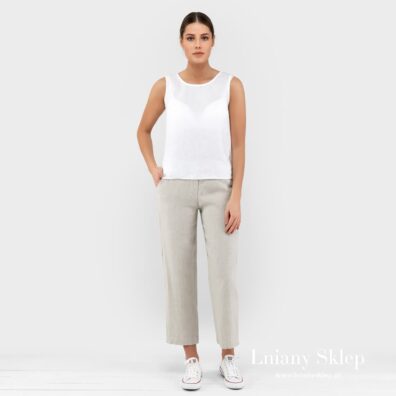 Spodnie kuloty z pranej tkaniny lnianej.