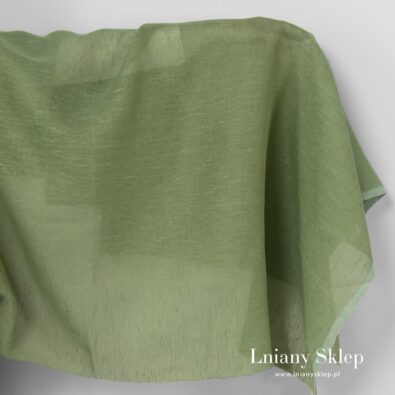 Lniana przeźroczysta tkanina groszkowa zieleń.