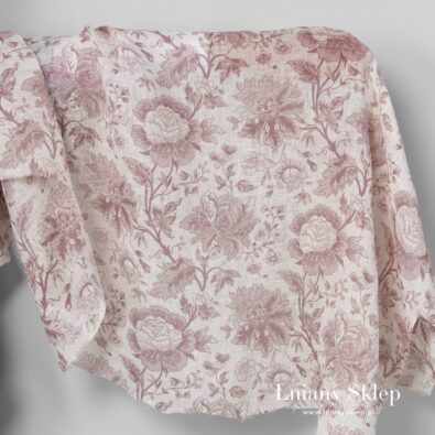 Lniana przeźroczysta tkanina w różowe kwiaty.