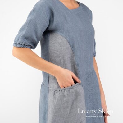 Niebiesko - szara asymetryczna suknia z pranego lnu.