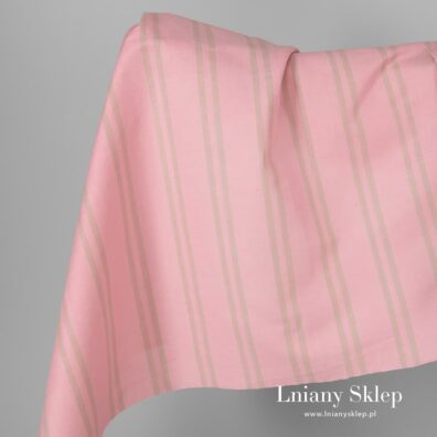 Tkanina różowa w piaskowe paski len z bawełną.