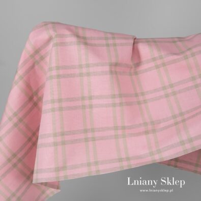 Tkanina różowa w piaskową kratkę len z bawełną.