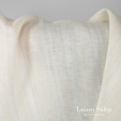 Tkanina lniana w paski białe i żółtawe.