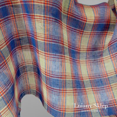 Lekki len w niebieską i żółtą kratkę.