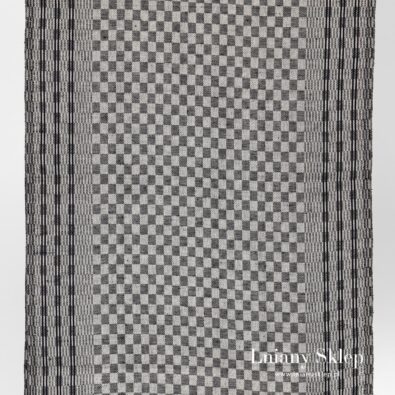 Szary w czarną kratkę ścierkowy len z bawełną.