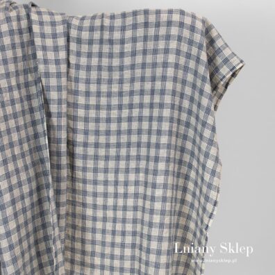 Żółtawy w granatową kratkę prany len.