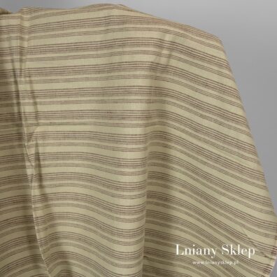 Zielona w brązowe prążki tkanina.