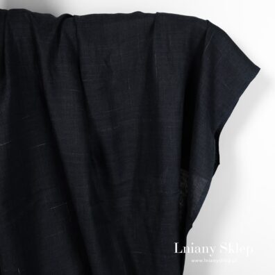 Granatowa lniana w białe prążki tkanina.