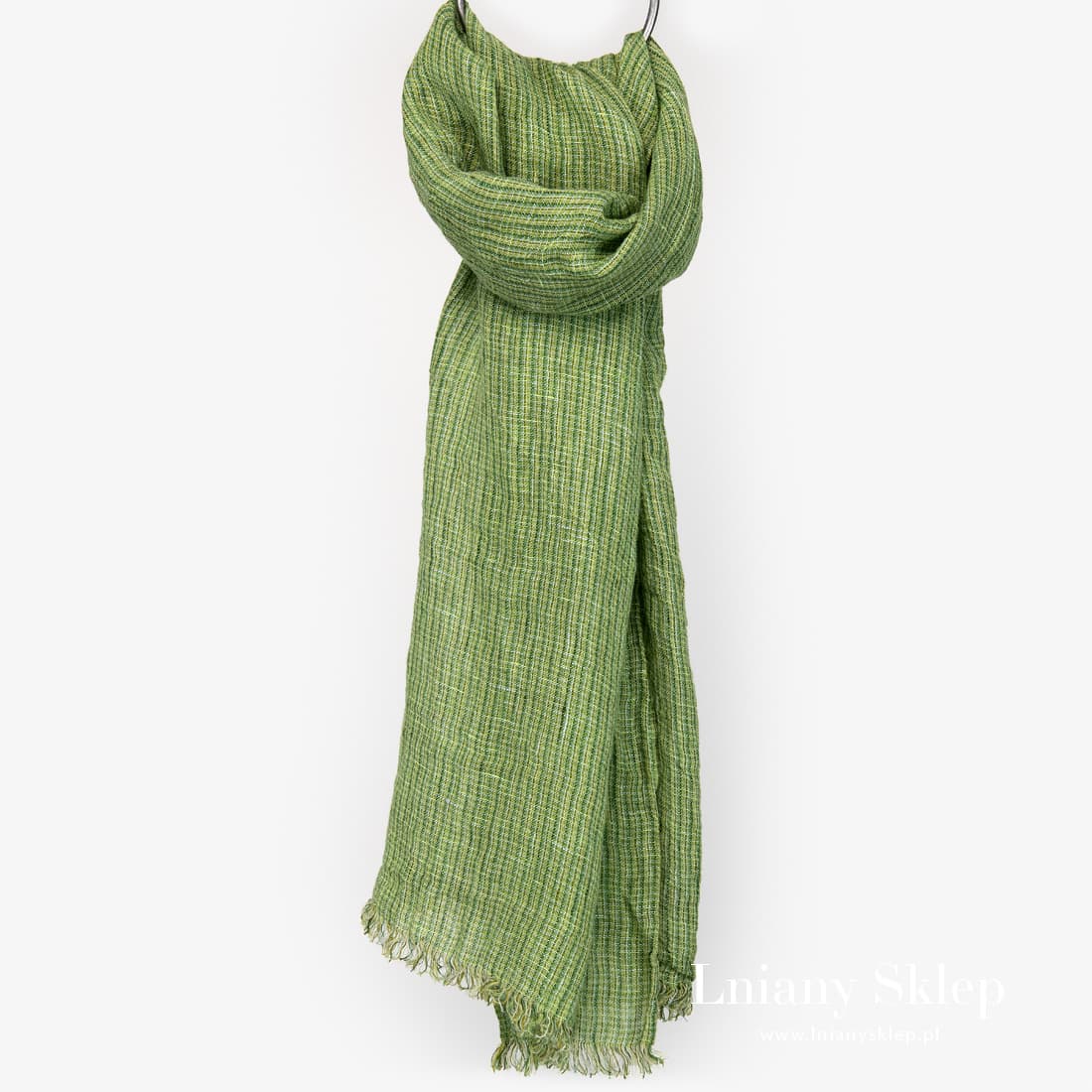 Zielony w krateczkę szalik lniany.
