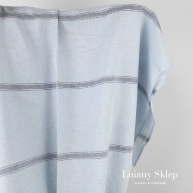 Niebieska w granatowe paski tkanina len z bawełną.