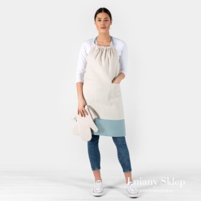 jasnoszary fartuch i jasnoszara rękawica.