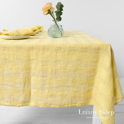 Żółty, lniany 100% obrus.