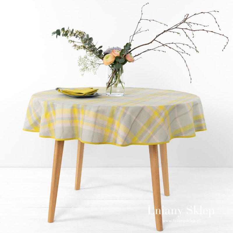 LOZANNA obrus okrągły (owalny) w ż&oacute;łtą i szarą kratkę.