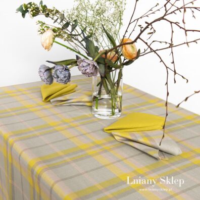 Obrus w kratkę w jasnych barwach.