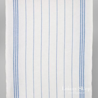 Wąska biała ścierkowa tkanina w niebieskie paski.