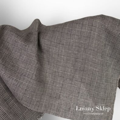 Tkanina lniana w kratkę szaro - czarną.