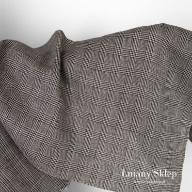 Tkanina lniana w kratkę szaro - czarną.