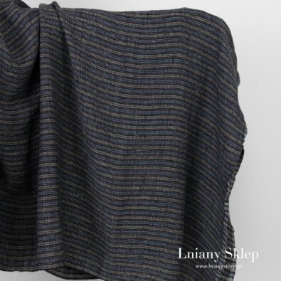 Lniana ciemna w pasy prana tkanina waflowa.