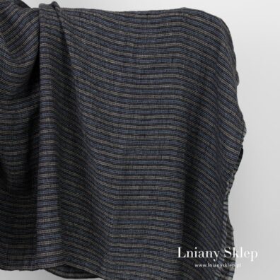 Lniana ciemna w pasy prana tkanina waflowa.