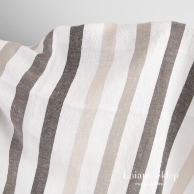 Biało - brązowy szeroki prany len z bawełną.