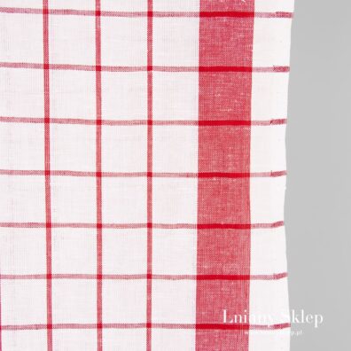 Tkanina w biało - czerwoną kratkę.