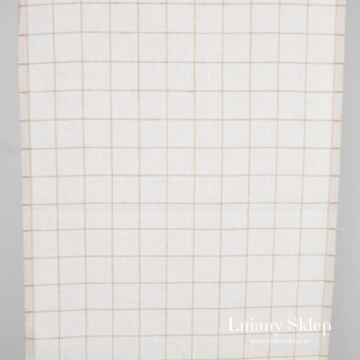 Ścierkowa tkanina lniana w brązową kratkę.