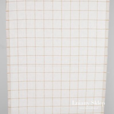 Ścierkowa tkanina lniana w brązową kratkę.