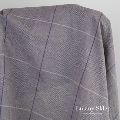 Szary w kratkę szeroki len z bawełną.