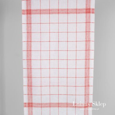 Ścierkowa tkanina lniana w czerwoną kratkę.