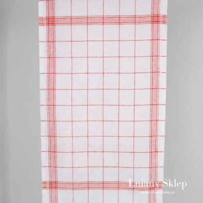 Ścierkowa tkanina lniana w czerwoną kratkę.