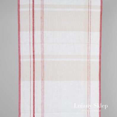 Ścierkowa tkanina lniana w czerwone i szare pasy.