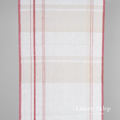 Ścierkowa tkanina lniana w czerwone i szare pasy.