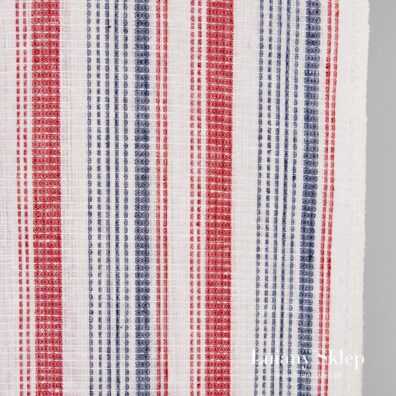 Tkanina lniana w paski czerwone i granatowe.