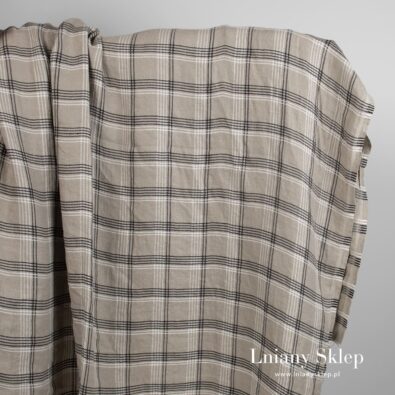 Piaskowy w kratkę białą i czarną prany len.