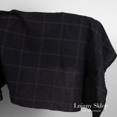 Czarny w zieloną kratkę prany szeroki len z bawełną.