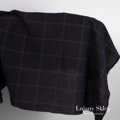 Czarny w zieloną kratkę prany szeroki len z bawełną.