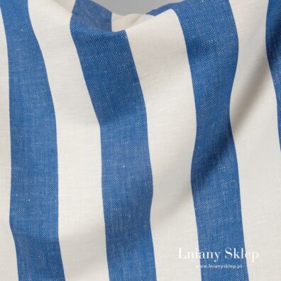 Biała w niebieskie pasy tkanina. 80cm szerokość.