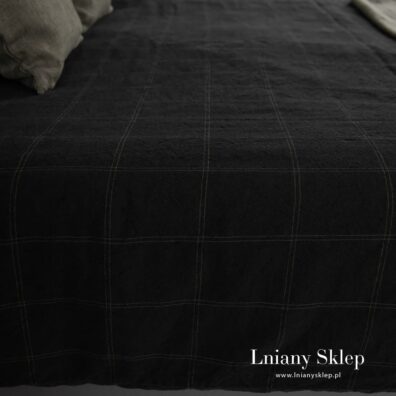 Pościel lniano-bawełniana czarna w zieloną kratkę.