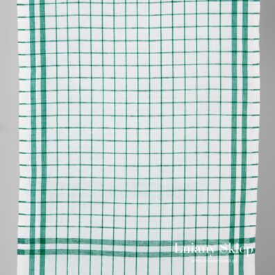 Ścierkowy biały w zieloną kratkę len z bawełną.