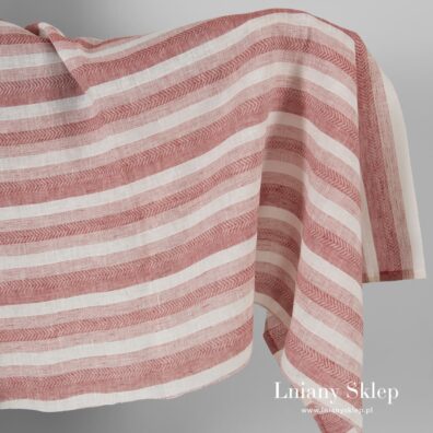 Tkanina lniana w czerwone i białe paski.