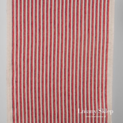 Tkanina ścierkowa w piaskowe i czerwone paski.