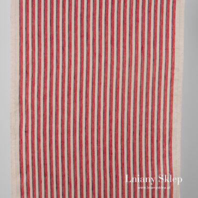 Tkanina ścierkowa w piaskowe i czerwone paski.
