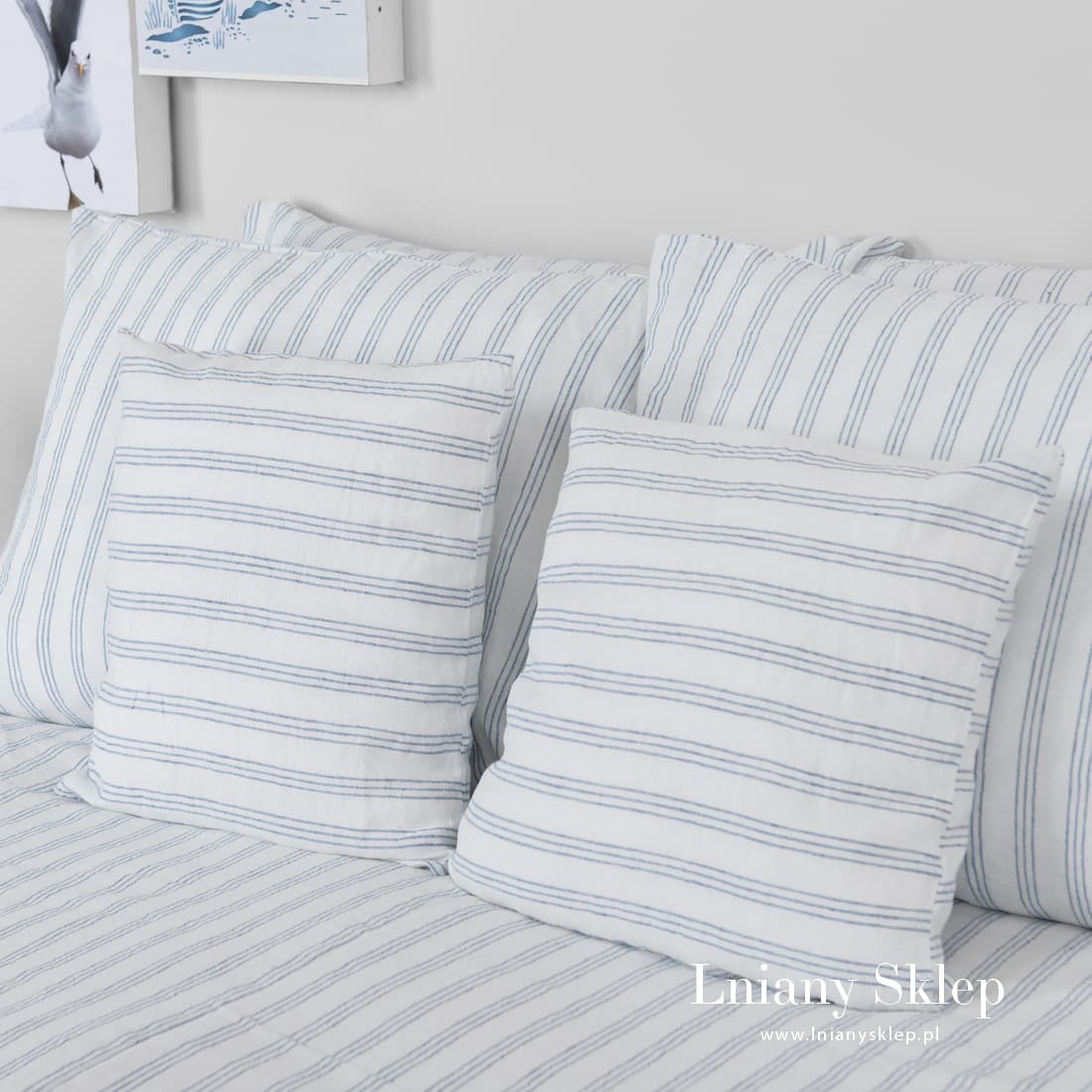 Białe w niebieskie paski poszewki na poduszki.
