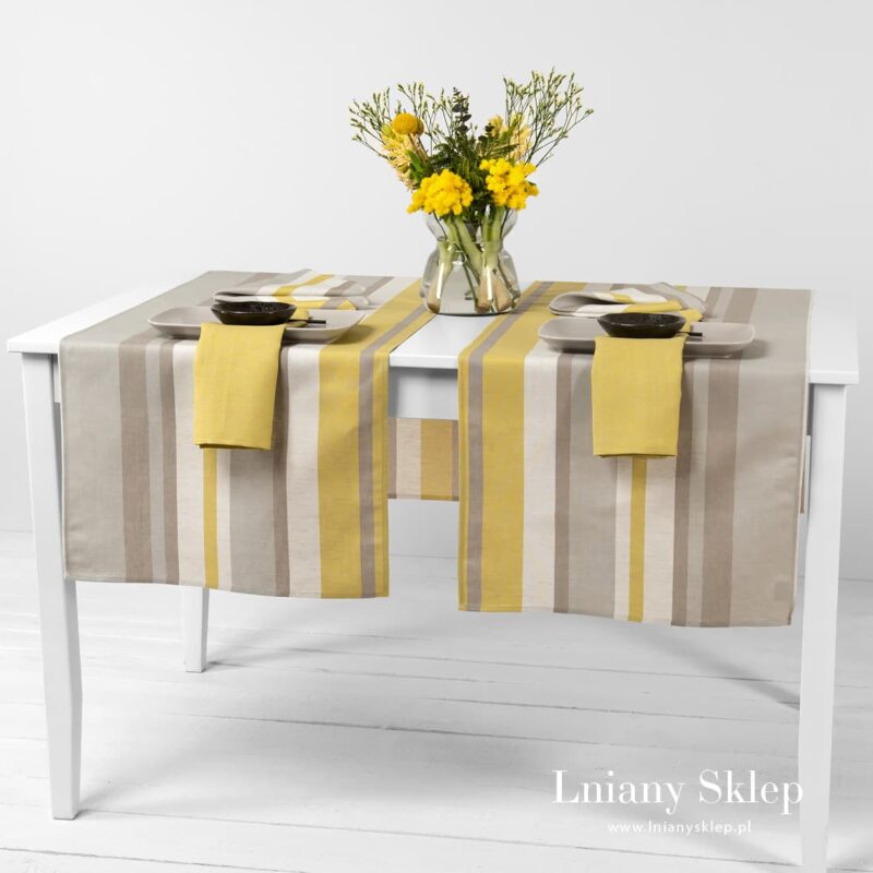 MIMOSA bieżnik stołowy w pasy szare i ż&oacute;łte.