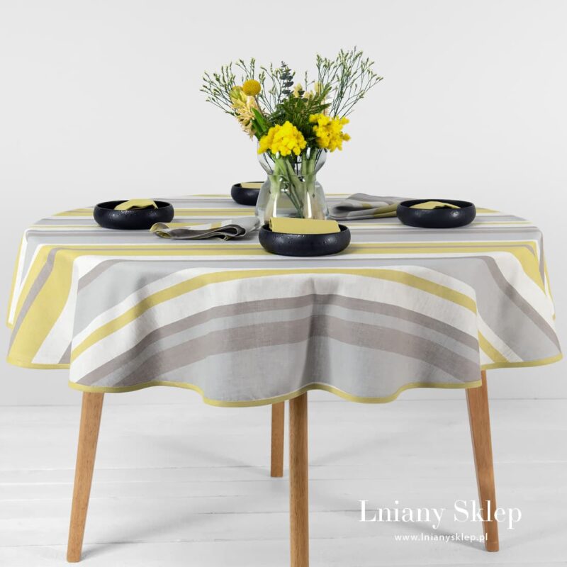 MIMOSA obrus okrągły (owalny) w pasy szare i ż&oacute;łte.