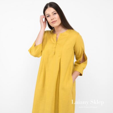 Luźny krój. Musztardowa lniana sukienka.