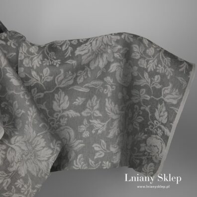 Szara żakardowa w kwiaty tkanina lniana.