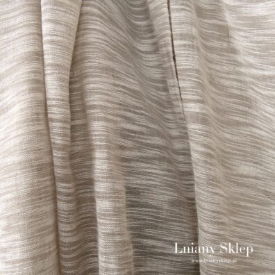 Piaskowy w białe prążki len z bawełną.