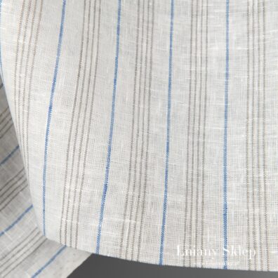 Mlecznobiałe (ecru) tło wytkane w granatowe i szare paski.