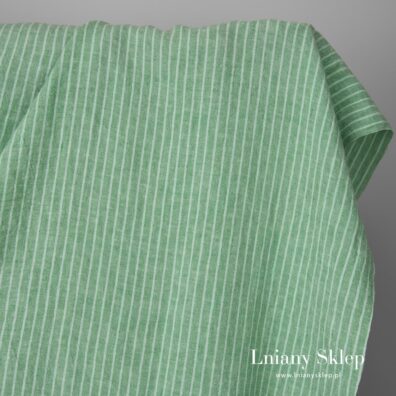 Zielona w paski szeroka ok. 285cm prana tkanina lniana.